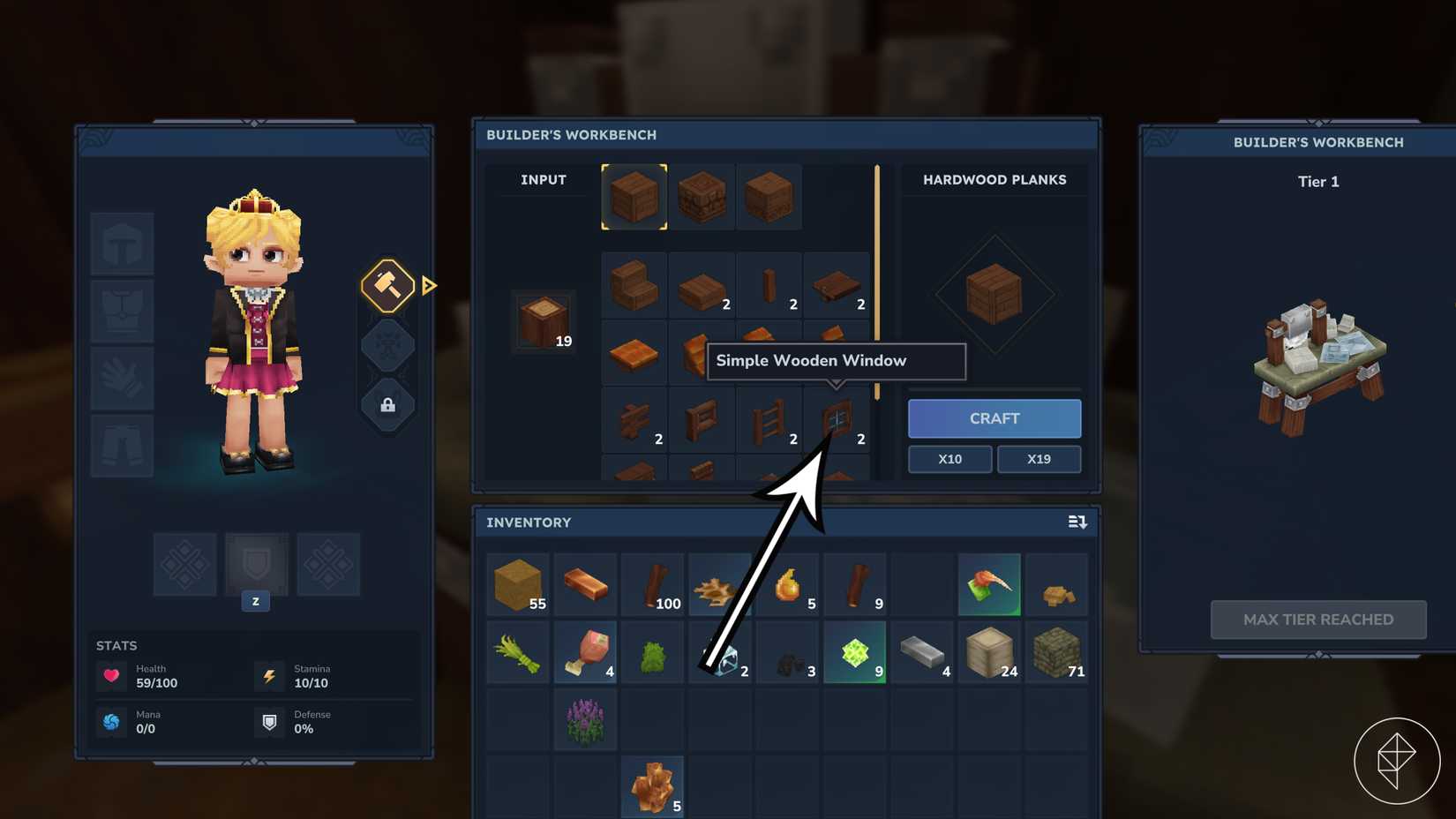 A player crafts windows in Hytale.