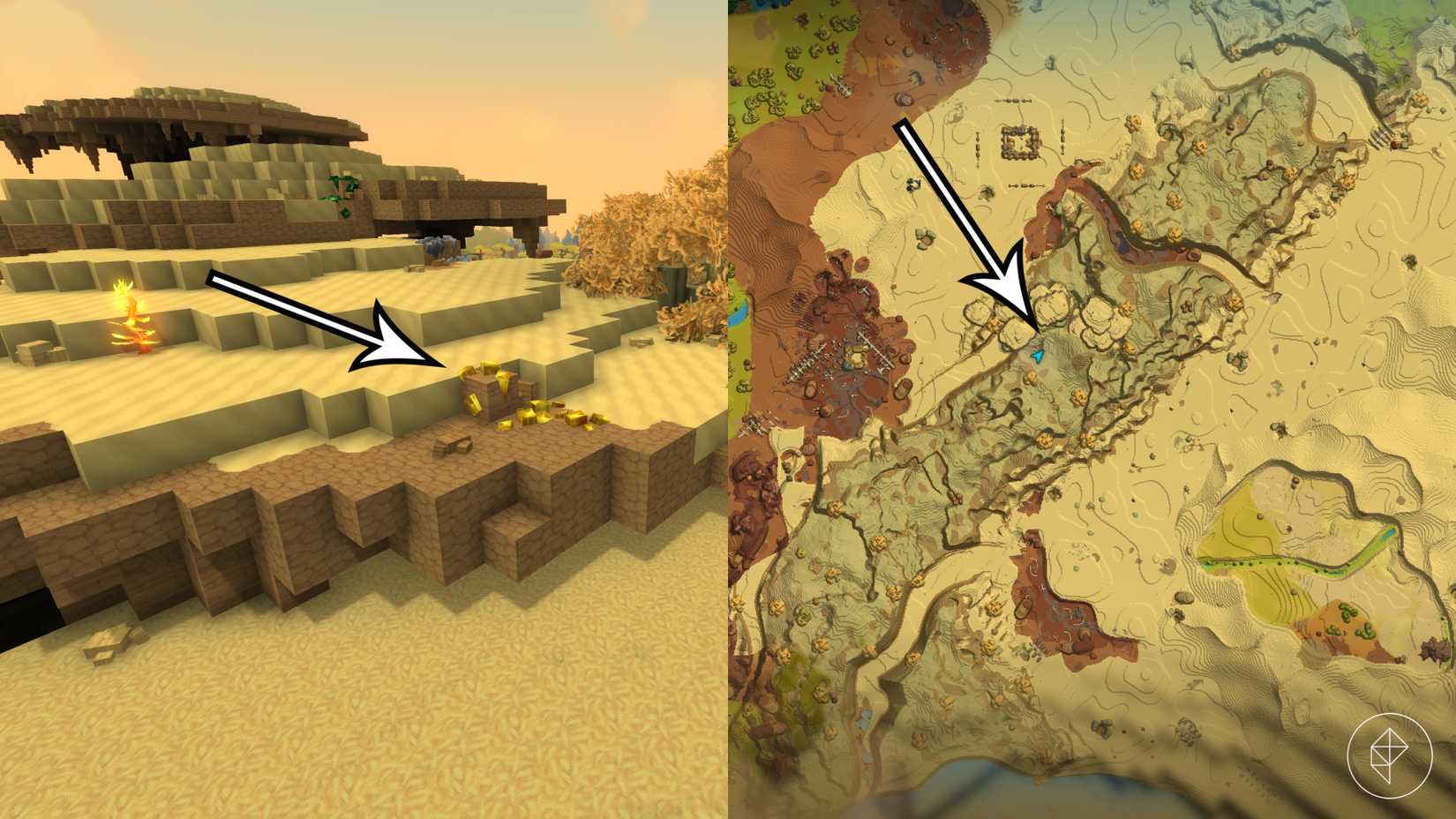 Arrows point to a gold deposit in the desert region in Hytale.