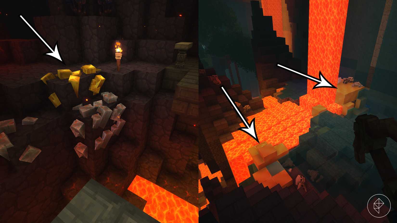 Arrows point to gold ore and solid gold blocks in Hytale's underground area.