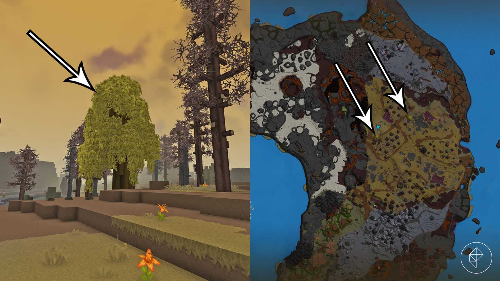 Arrows point to goldenwood trees in Hytale.