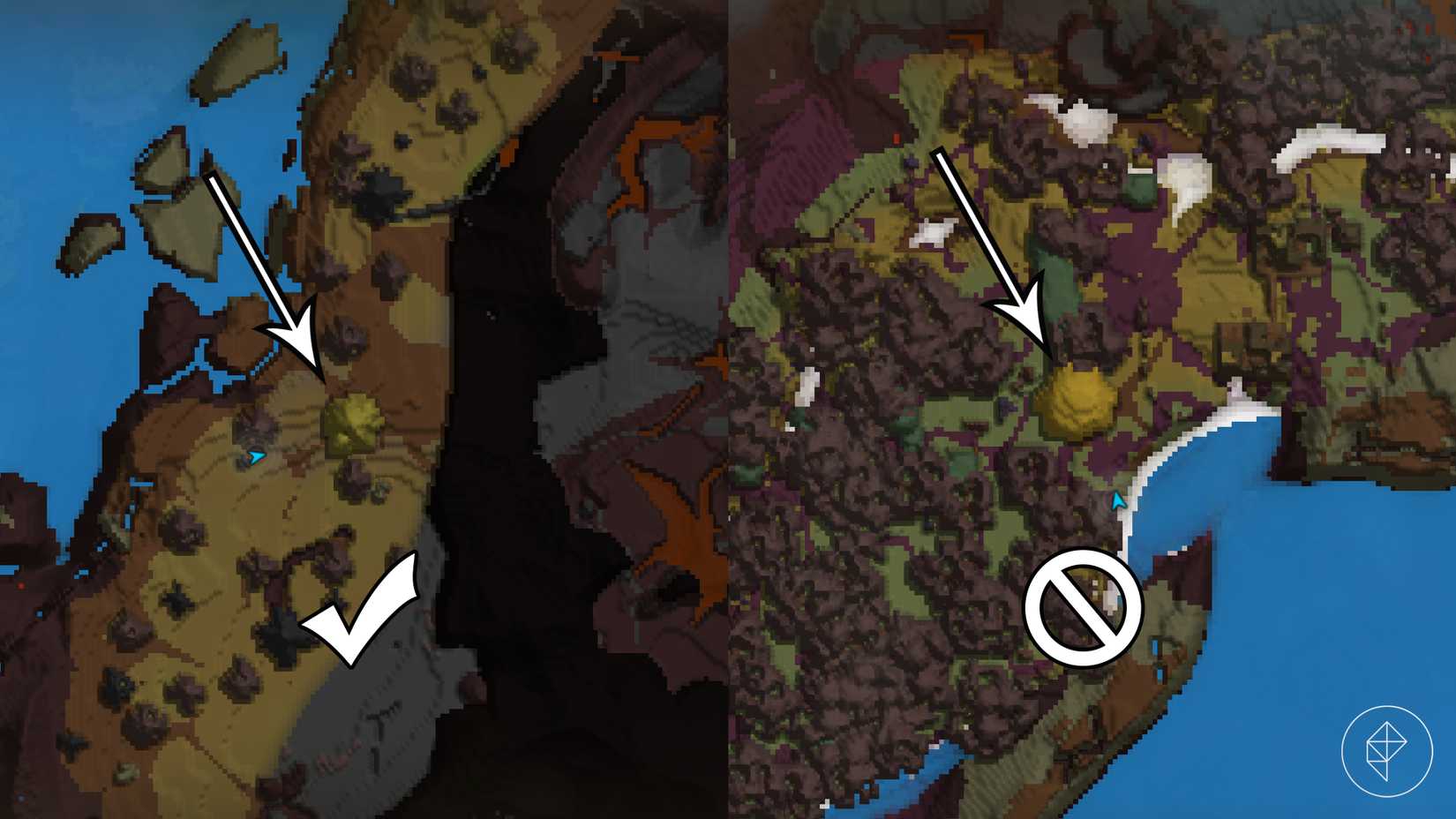 A map showing the difference between goldenwood and non-goldenwood trees in Hytale's Devastated Lands.