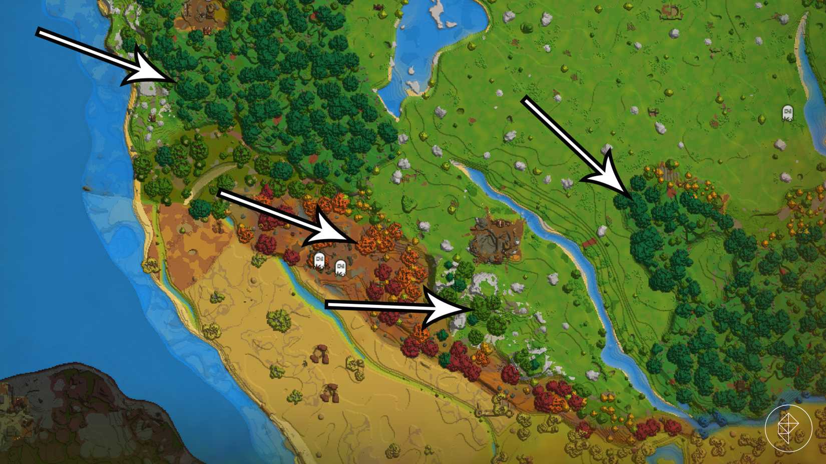 Arrows point to hardwood trees on the Hytale map.