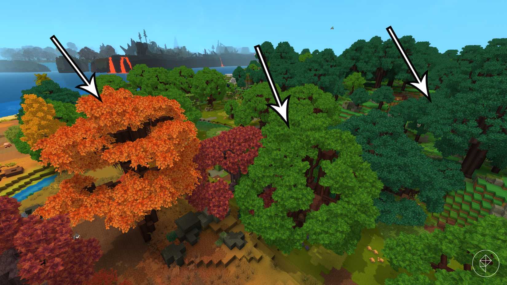 Arrows point to examples of oak and ash hardwood trees in Hytale.