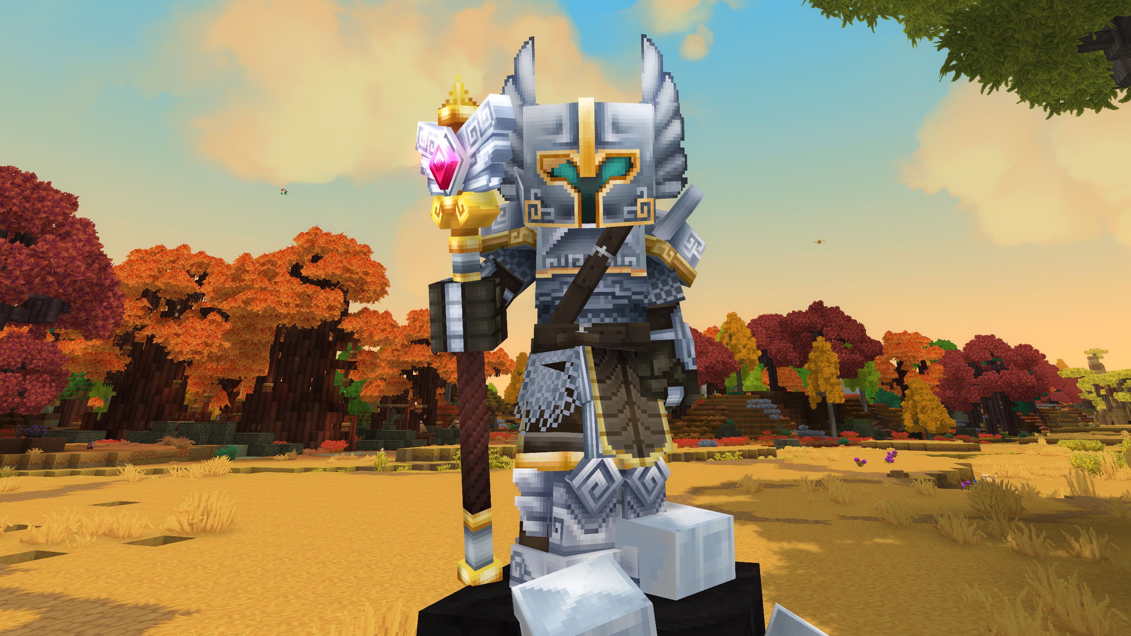 A player dressed in full mithril armor in Hytale.