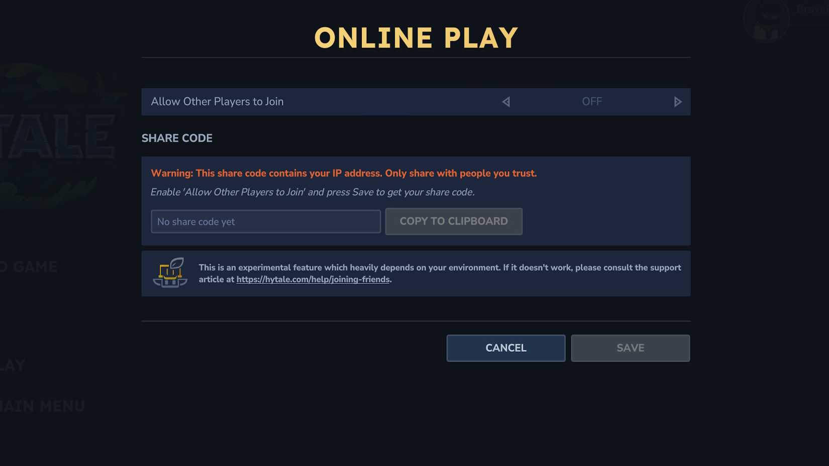Hytale's friend code generator screen