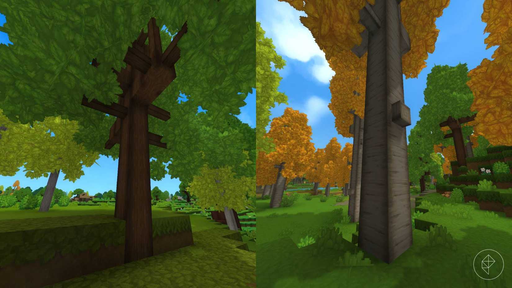 The left-hand side of the image shows a beech tree in Hytale, while the right-hand side shows an aspen tree.