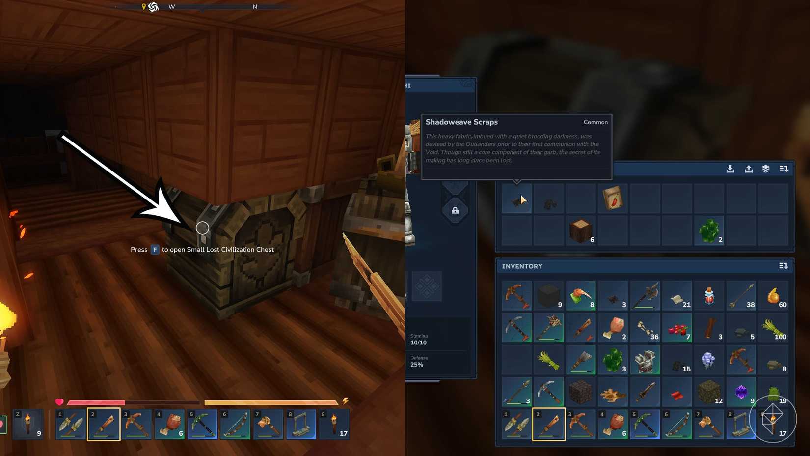 A montage using two Hytale screenshot showing a chest and that players can find shadoweave scraps inside it