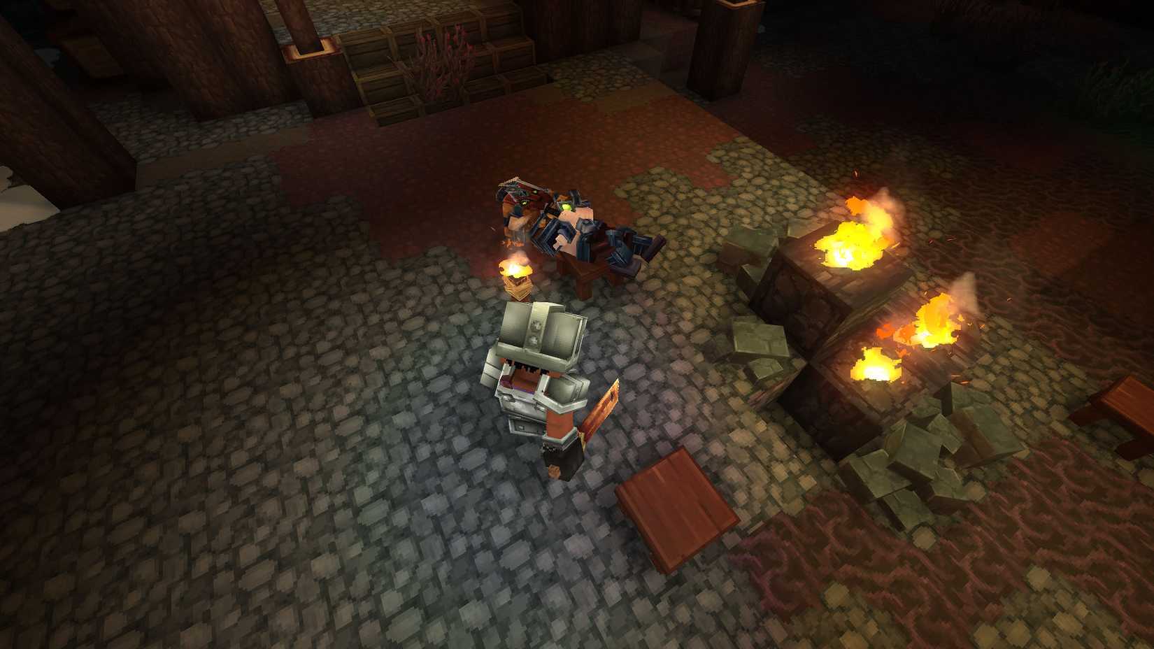 A Hytale screenshot showing an Outlander lying on a bench