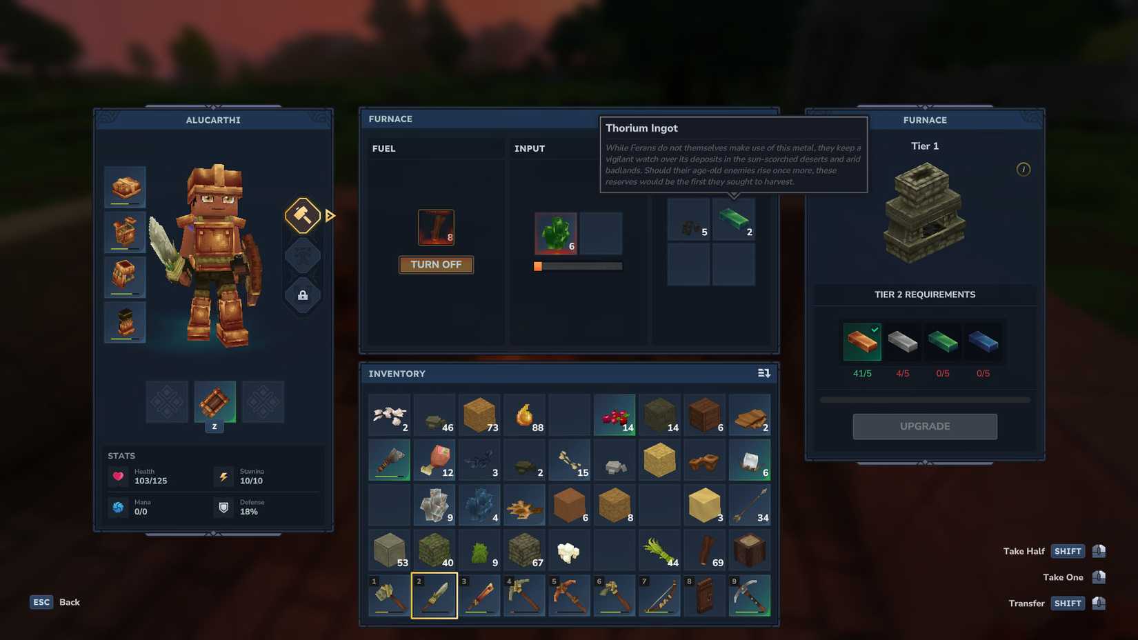 A Hytale screenshot showing the the furnace smelting thorium ore