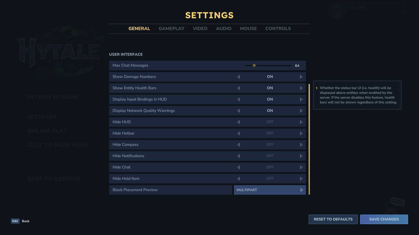 Hytale screenshot showing the settings menu