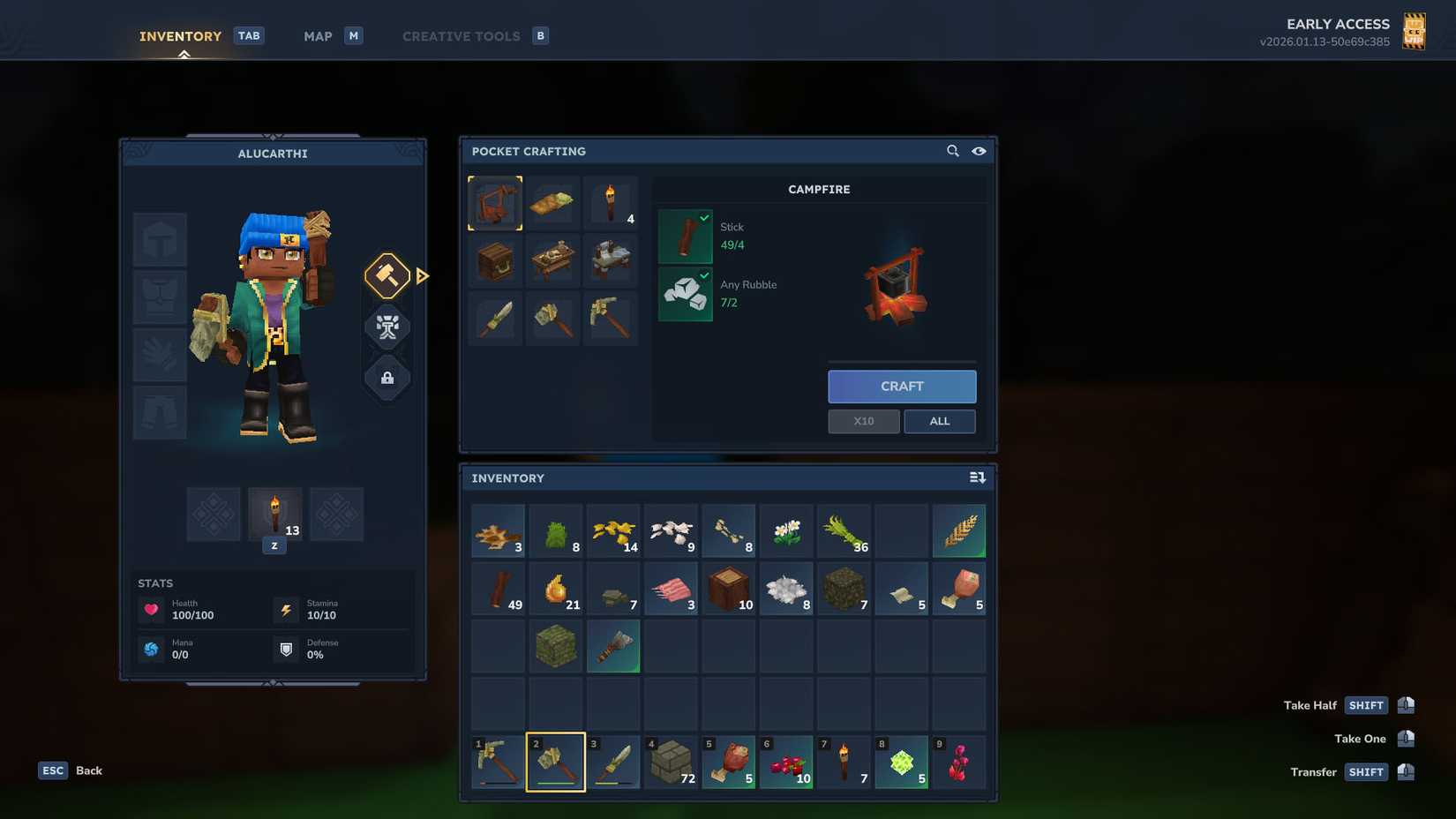 A Hytale screenshot showing the pocket crafting menu