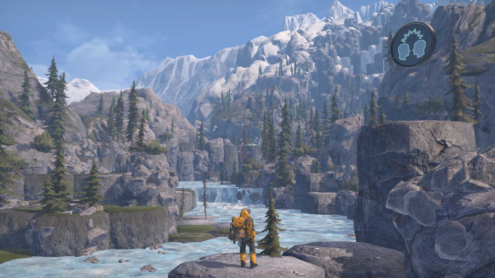 A mountaineer stands before a mountain landscape made of hex blocks in Insurmountable