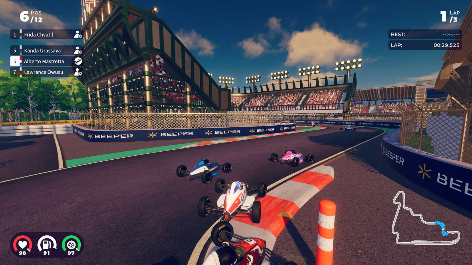 cute open wheel race cars navigate a circuit in iRacing Arcade