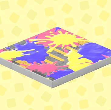 Yellow, teal, and pink paint splatter flooring in ACNH.