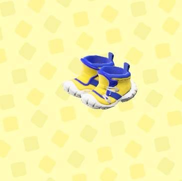 Yellow and blue running shoes with big white soles in ACNH.