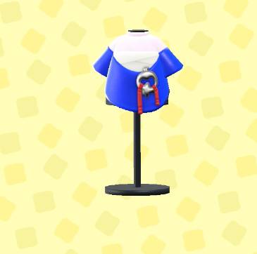 A blue off-the-shoulder shirt with bandages across the chest under in ACNH.