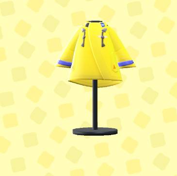 A yellow raincoat-like uniform with blue trimming in ACNH.