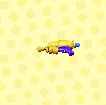 A yellow water gun with a purple handle in ACNH.