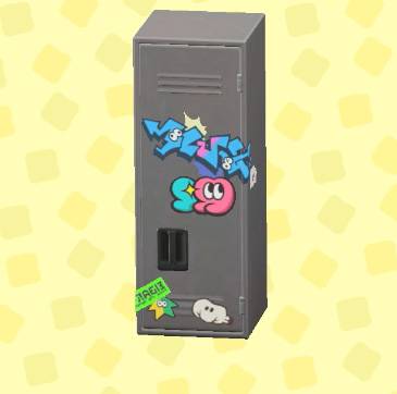 A silver locker with stickers all over it in ACNH.
