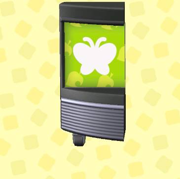 A left part of a sign with a green butterfly on it in ACNH.