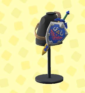An ornate Hylian Shield and Master Sword on the back of a mannequin in ACNH.