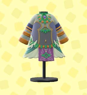 A dress with gold bands and jewelry in ACNH