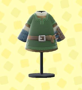 A green tunic with belt and arm armor in ACNH