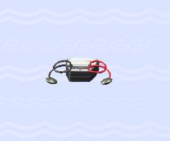 A white and black box with red and black wires coming out of it in ACNH.