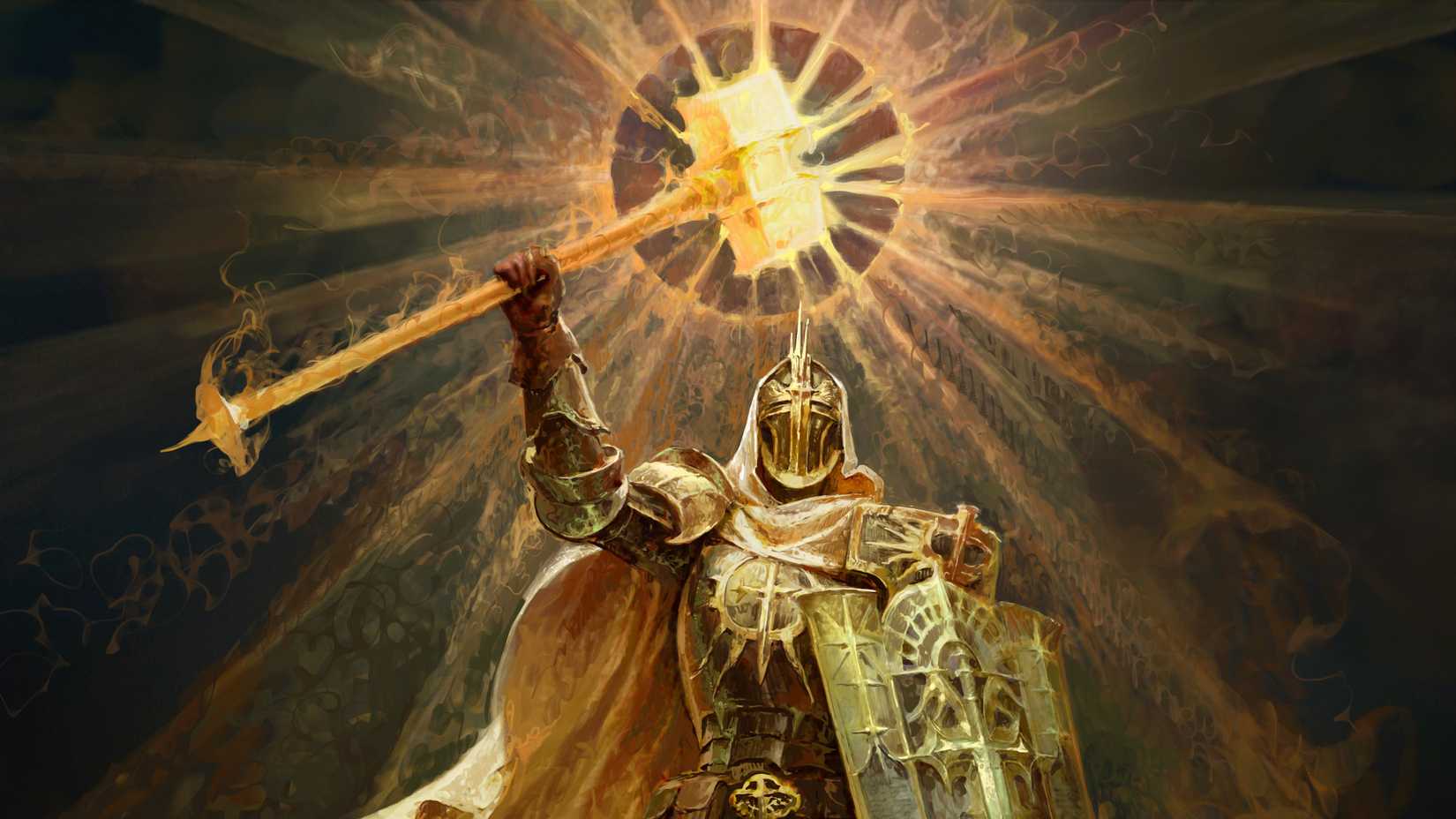 Art of Diablo 4's paladin holding a shield and holding up a holy hammer