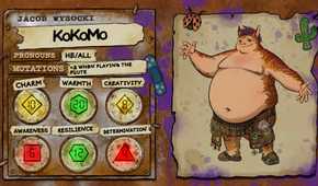 Jacob Wysocki's character sheet for the Dimension 20: Gladlands character KoKoMo, who is a large and rotund mutant.