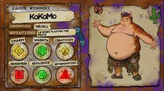 Jacob Wysocki's character sheet for the Dimension 20: Gladlands character KoKoMo, who is a large and rotund mutant.