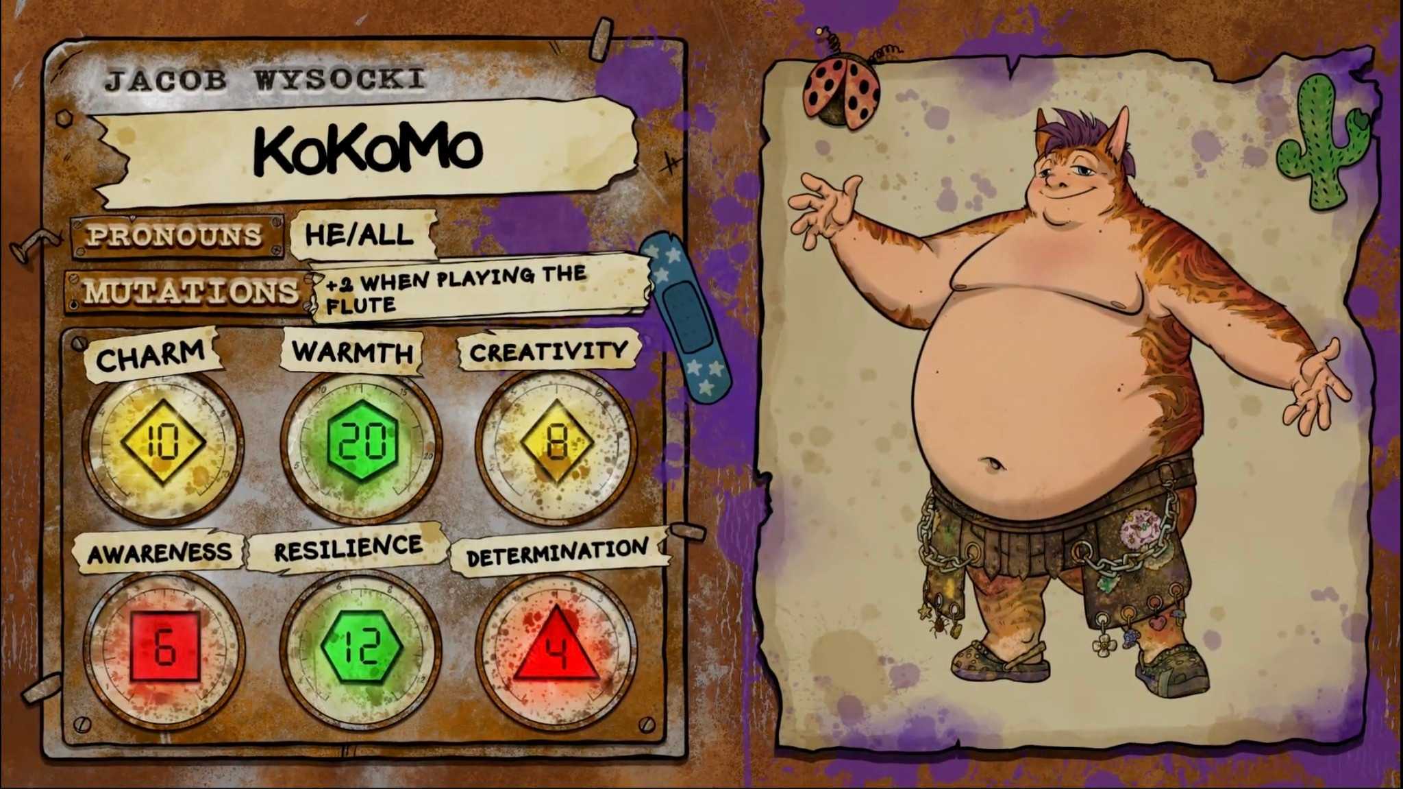 Jacob Wysocki's character sheet for the Dimension 20: Gladlands character KoKoMo, who is a large and rotund mutant.
