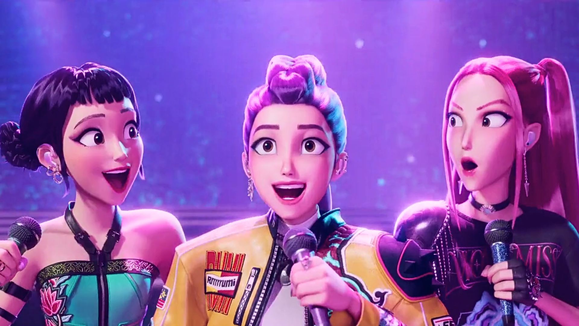 A screenshot of KPop Demon Hunters featuring Zoey, Rumi, and Mira. They are surrounded by light and sparkles, with mics in their hand.
