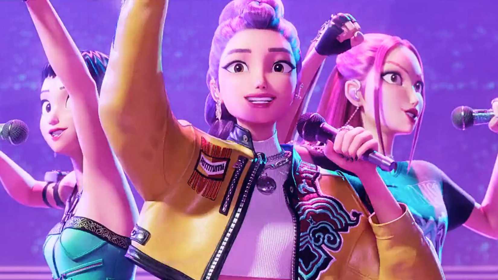 A screenshot from Sony Animation and Netflix's KPop Demon Hunters. It shows Zoey, Rumi and Mira standing back to back, singing.
