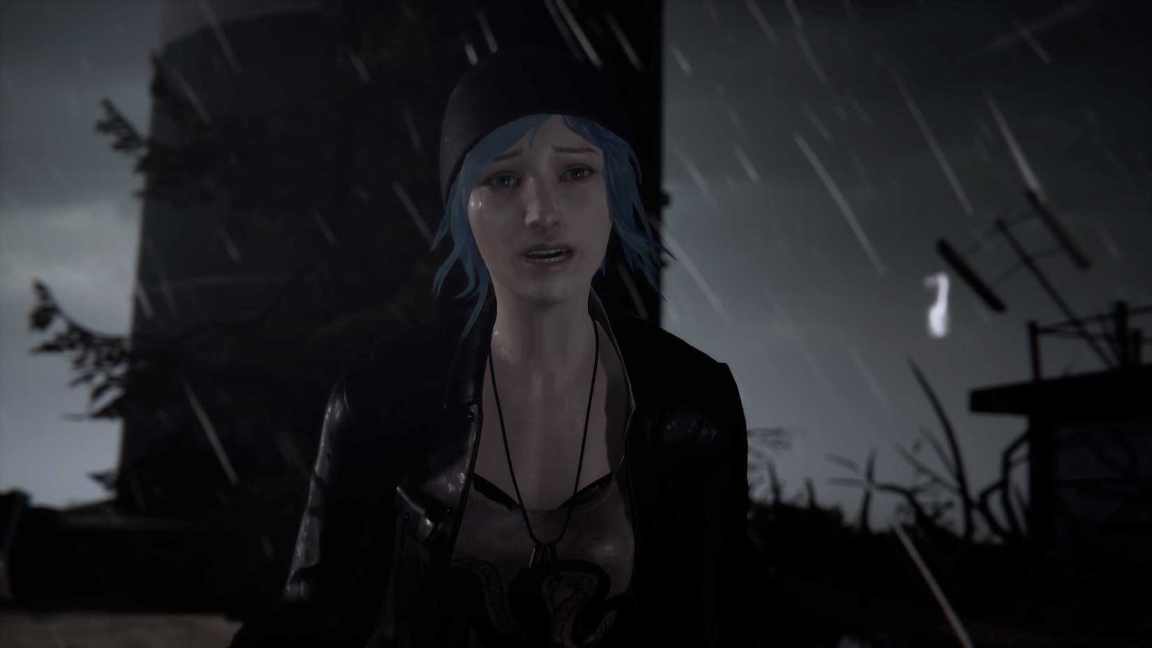 A screenshot from Life is Strange Remastered. It shows Chloe Price, drenched to the skin, with rain and a dark background behind her.