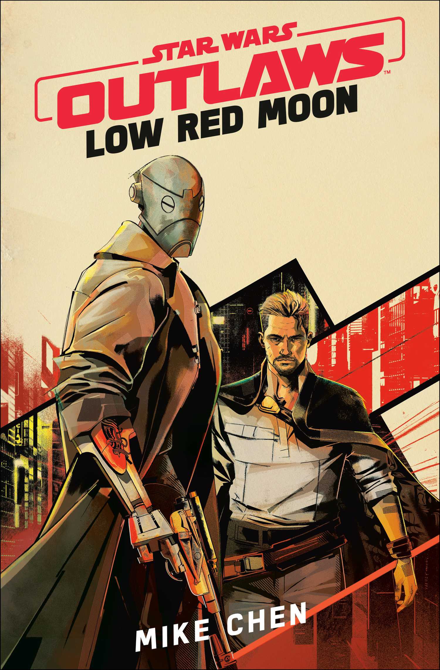The cover for the novel Low Red Moon by Mike Chen. It shows an angular droid in a trench coat alongside a man with sandy blonde hair and a dark cape. 
