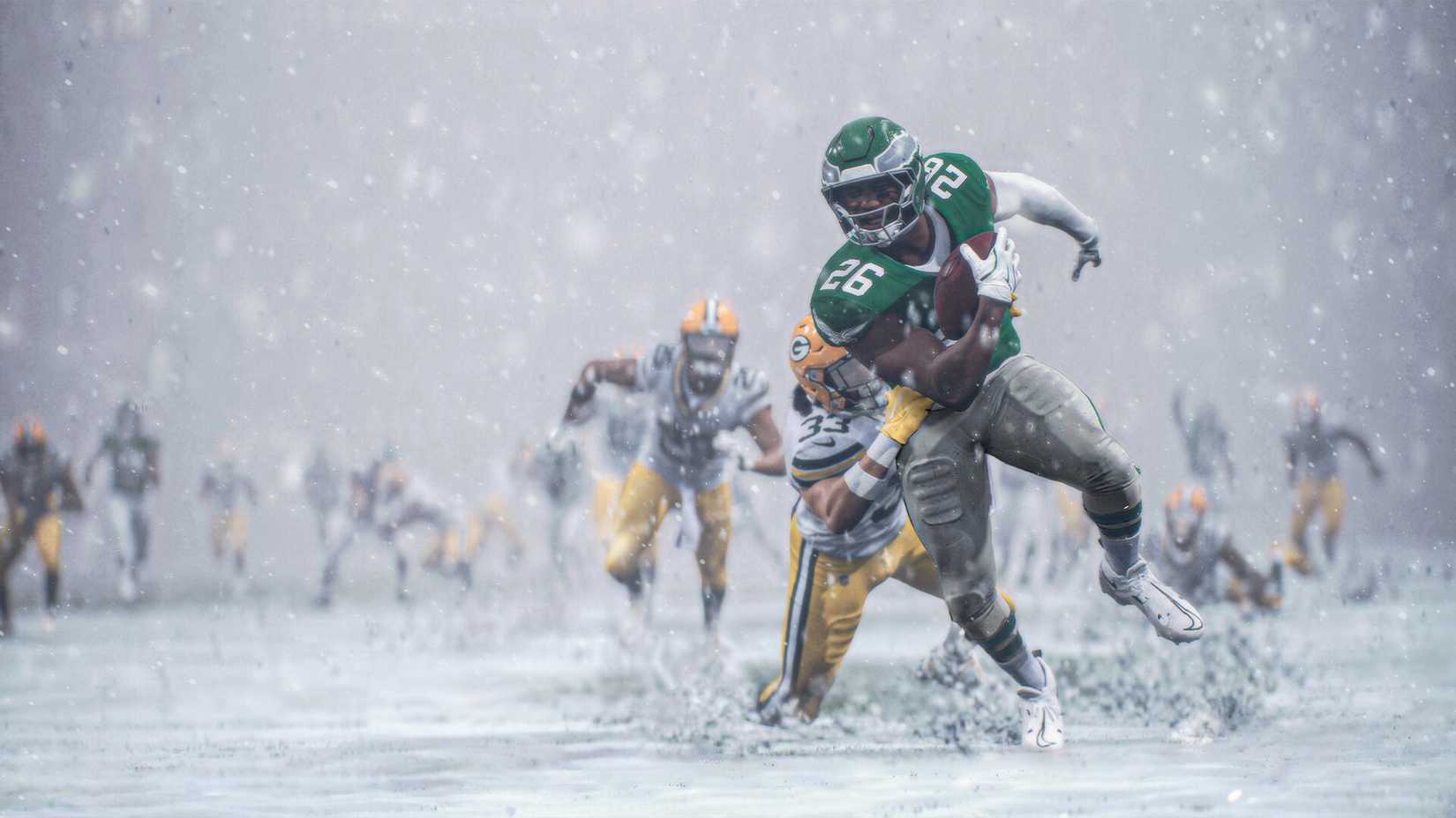 Saquon Barkley breaking out of a tackle in a screenshot from Madden NFL 26
