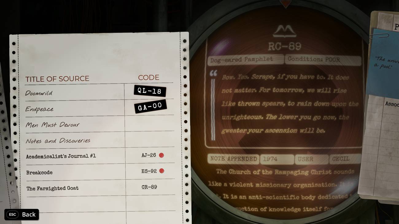 A notebook in TR-49 where the player is meant to match books with codes