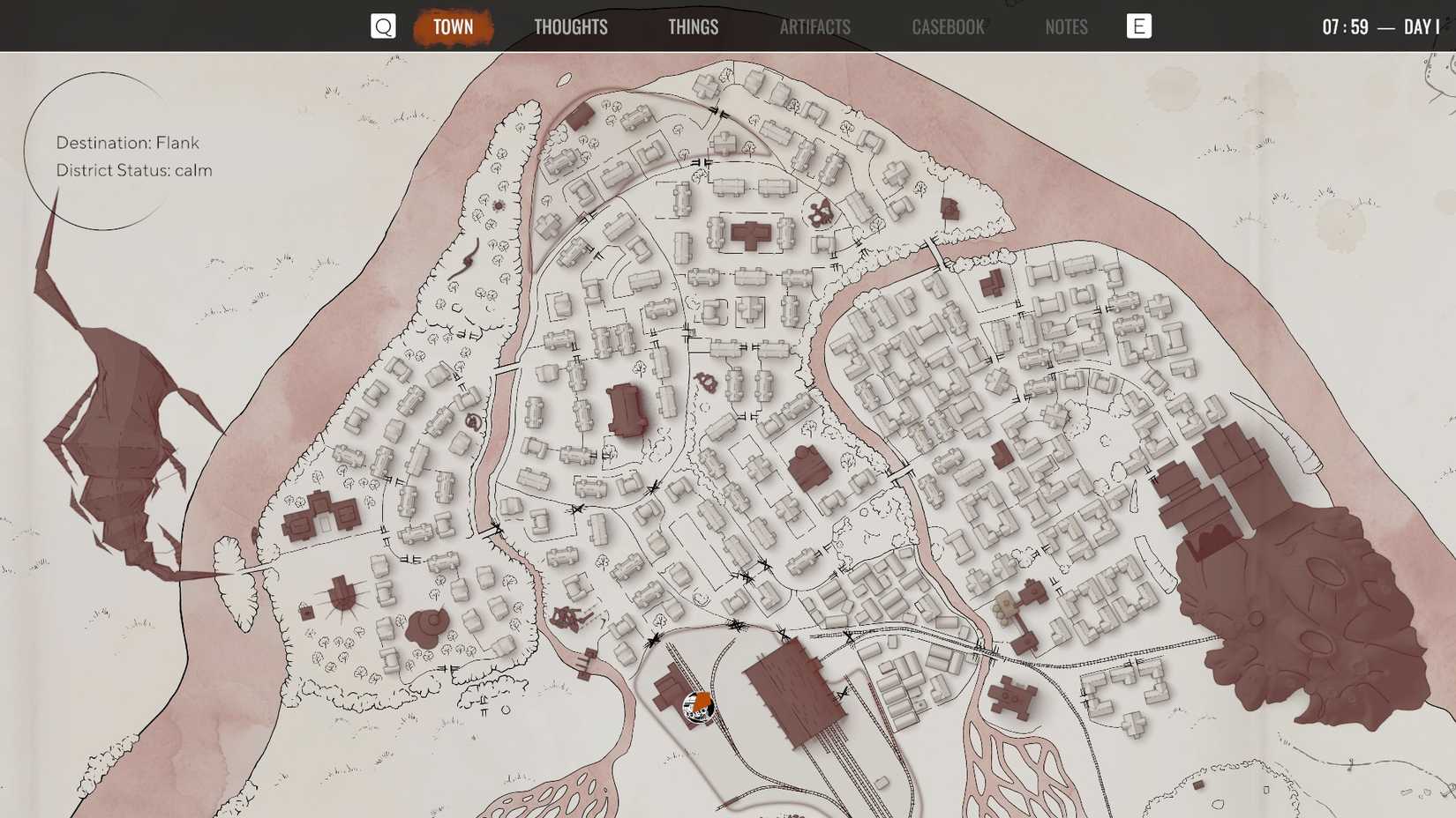 The strategic map in Pathologic 3 showing various districts.