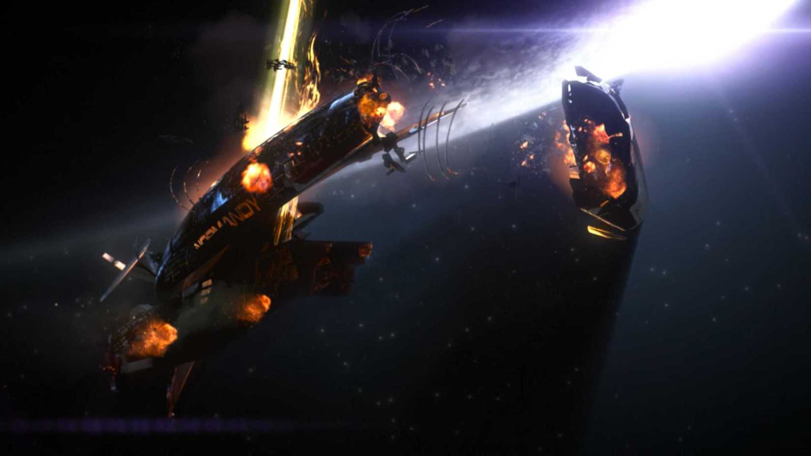 Mass Effect 2 Normandy getting destroyed by a yellow laser