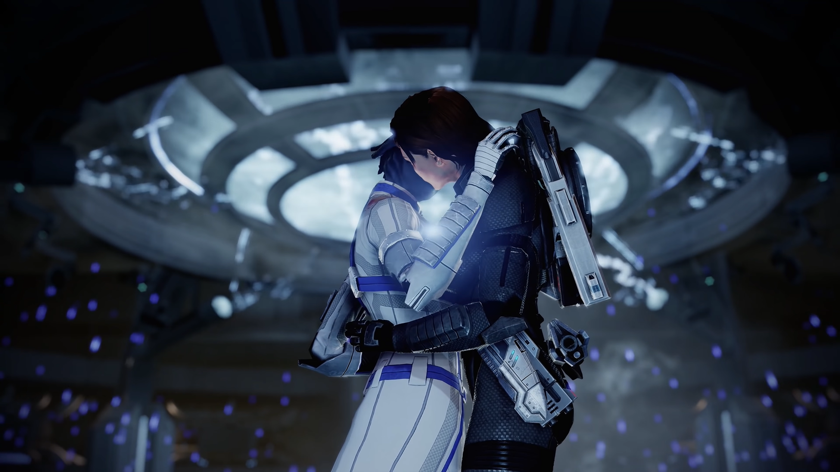 Commander Shepard and Liara sharing an intimate moment in Mass Effect