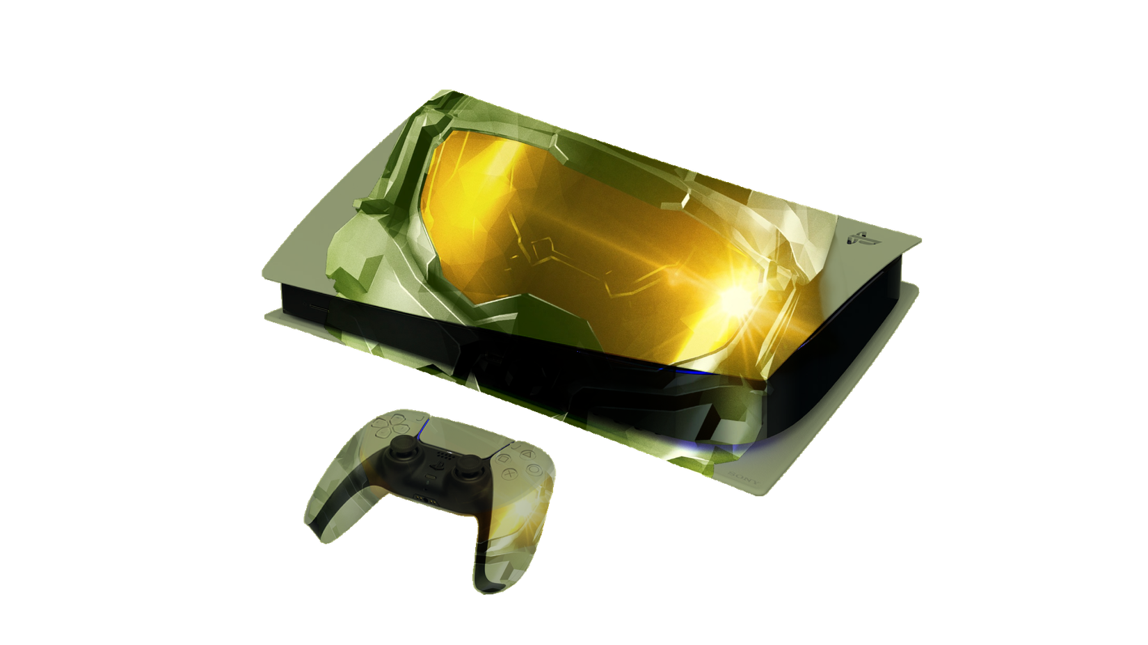 A PS5 is mocked up with a Master Chief themed design.
