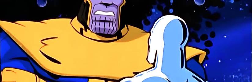 Silver Surfer confronting Thanos in the animated series