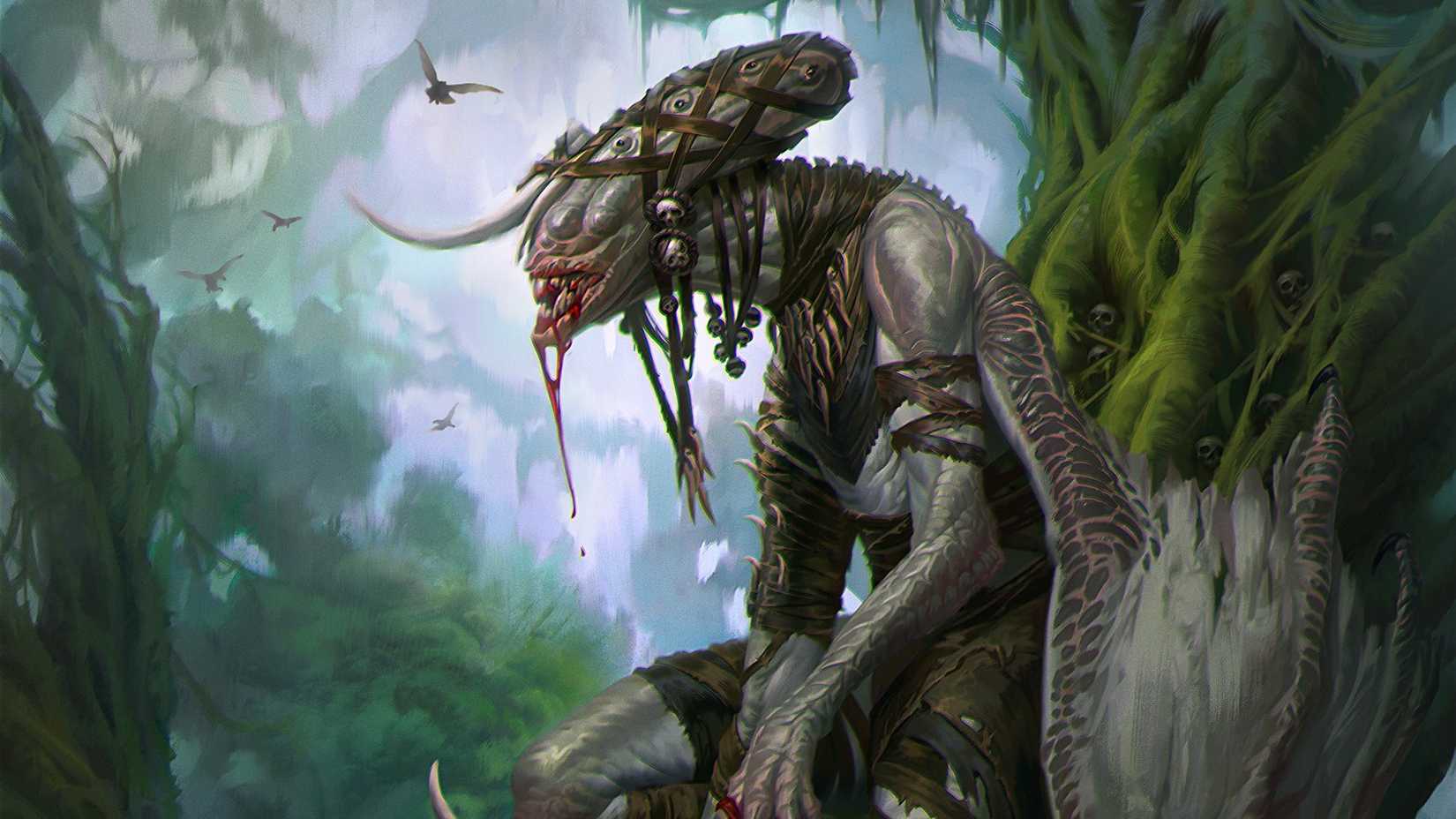 A winged monster with blood dripping down its fangs sits in a tree in Equinox in art from Draw Steel Crack the Sun