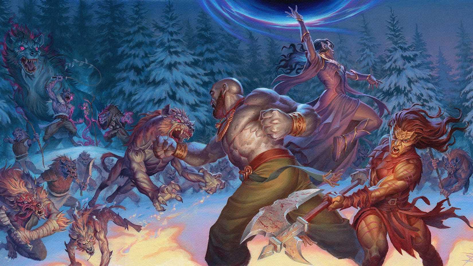 A Hakkan null, an orc fury and an elf elementalist fight a variety of wolf monsters in a snowy forest on the cover of Draw Steel The Red Road 