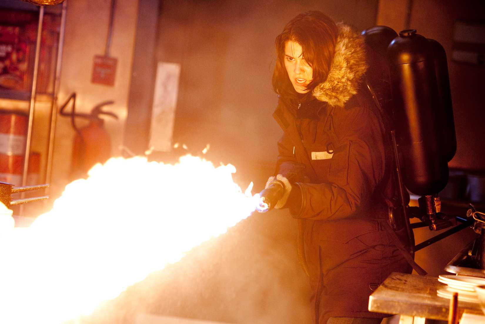 Kate Lloyd uses a flamethrower on the creature in 1982's The Thing