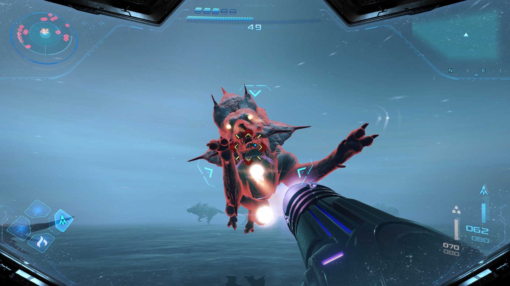 Samus shoots a wolf-like creature in Metroid Prime 4: Beyond.