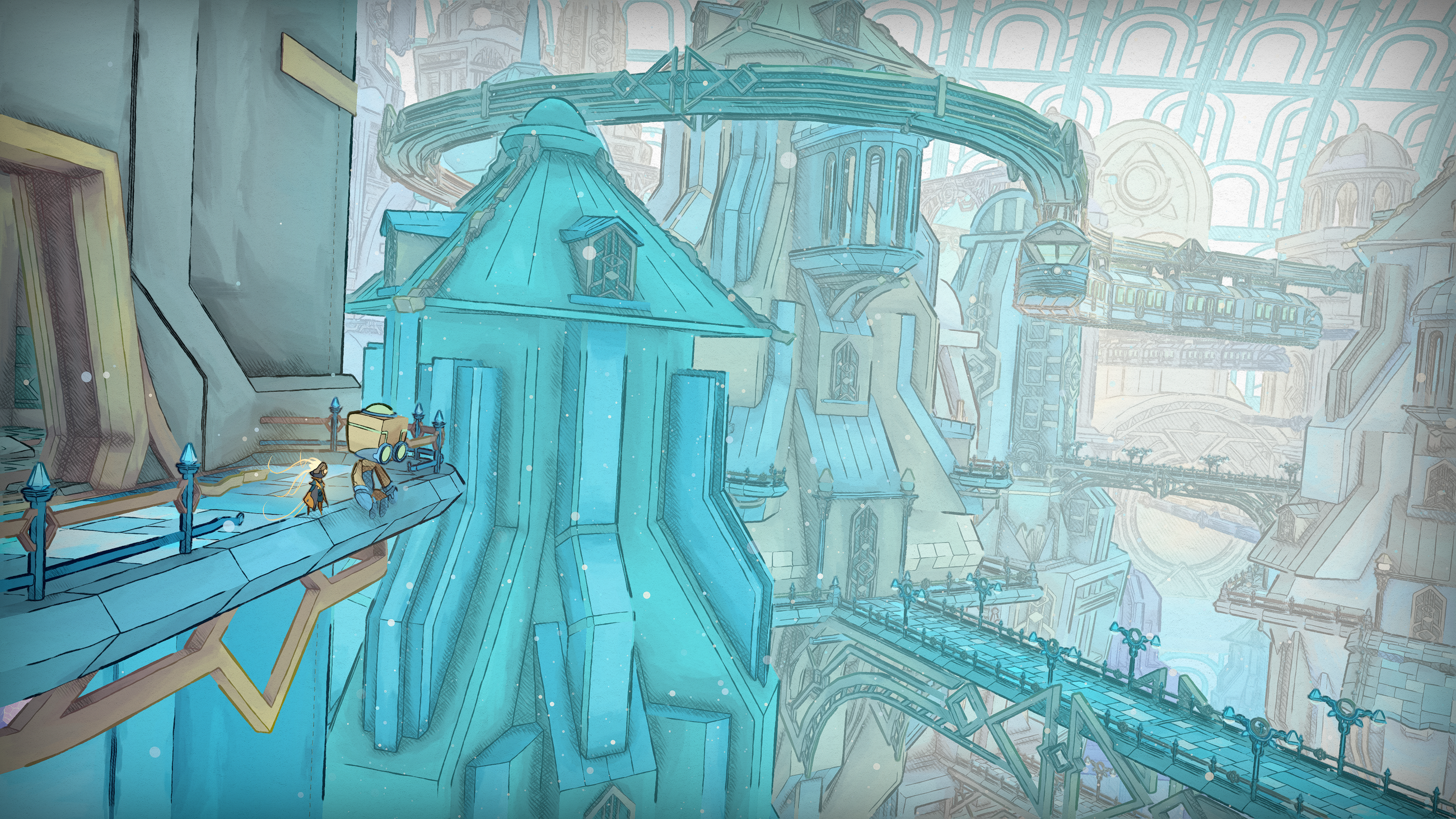 Mio sits on a ledge next to a friend in Mio Memories in Orbit