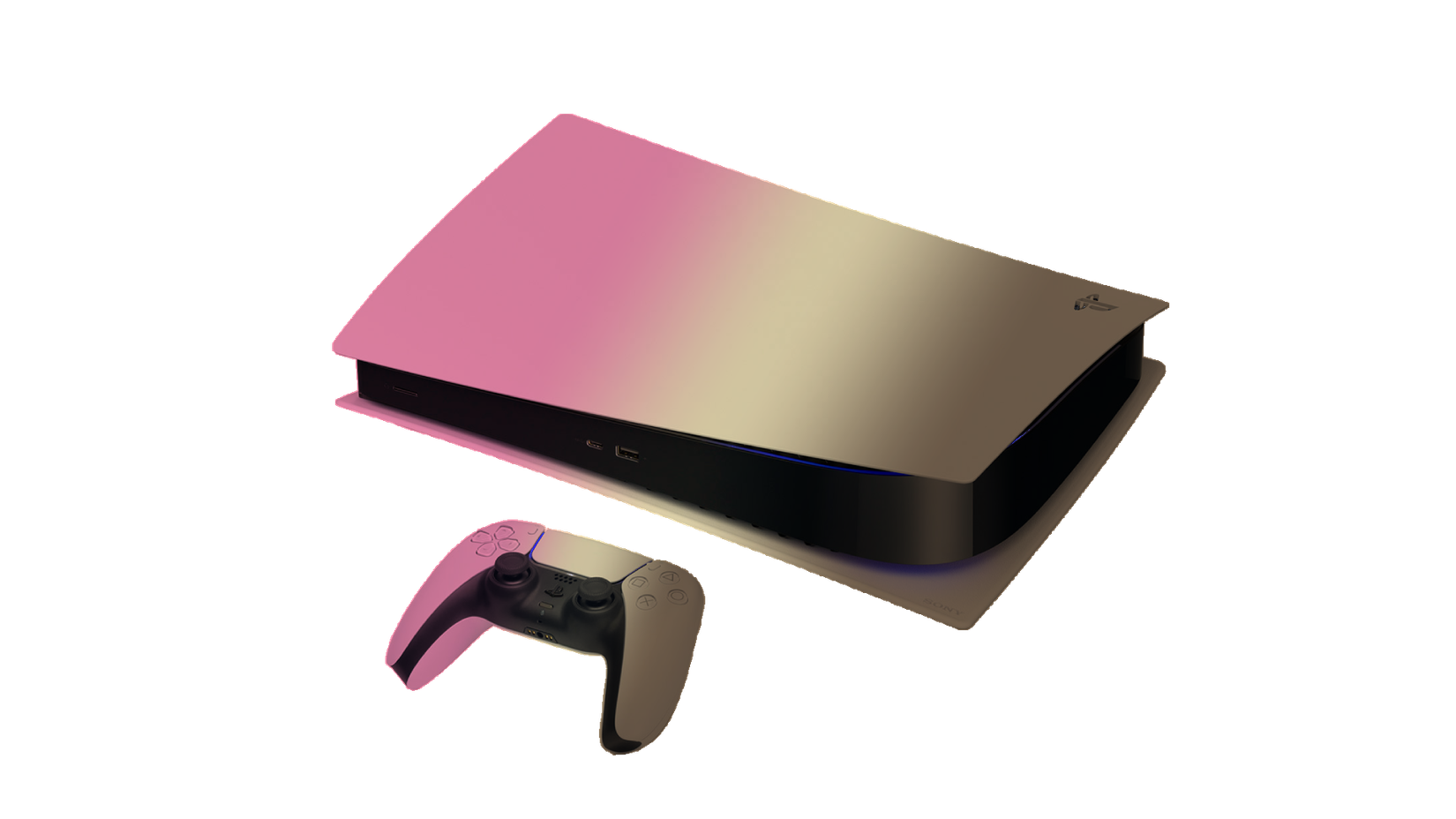 A PS5 with pink, white and brown coloring sits against a white background.