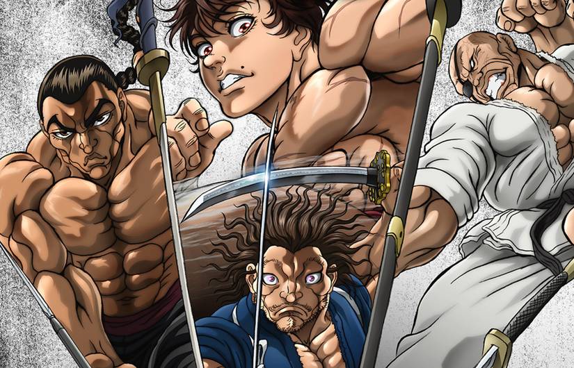 A detail from Netflix Baki Dou poster showing Baki, Musashi, Orochi Doppo, and Retsu Kaioh